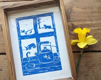 Blue Farmhouse Window Linocut Print: Folk Art Home Decor (6x8)