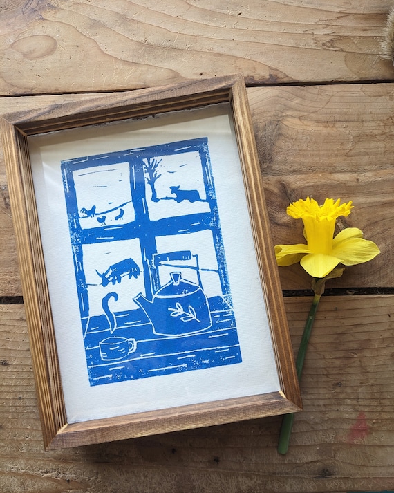 Farmhouse Window - Blue - Original Print Linocut Linoprint - Folk Art Wall Home Decor Unique Carved Minimalist Housewarming Gift