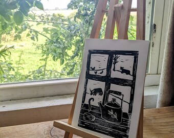 Farmhouse Window Linocut Print: Black Ink Folk Art (6x8)