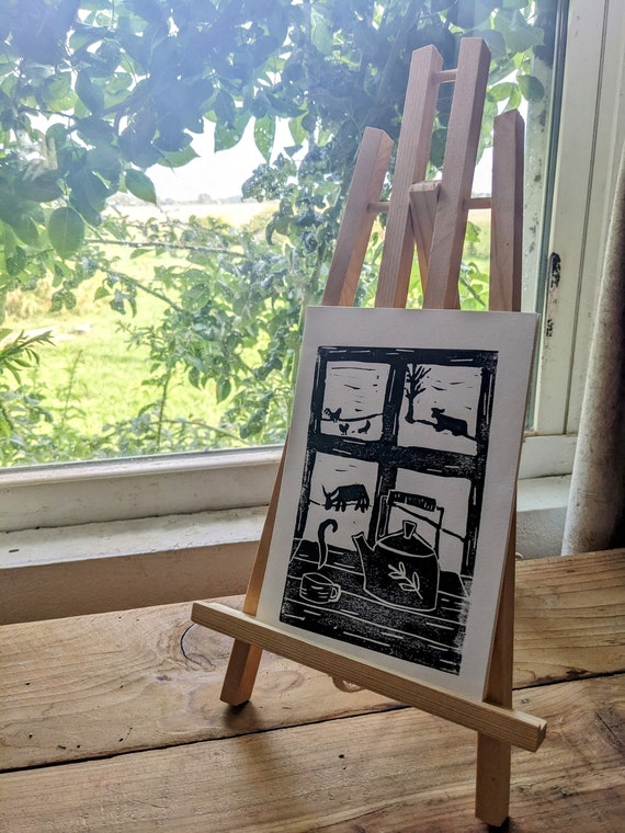 Farmhouse Window - Black - Original Print Linocut Linoprint - Folk Art Wall Home Decor Unique Carved Minimalist Housewarming Gift