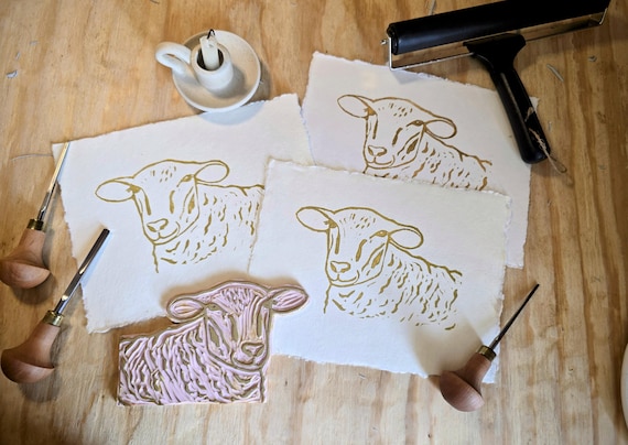 Sheep Linocut Print: Hand-Carved Farm Folk Art (6x8)
