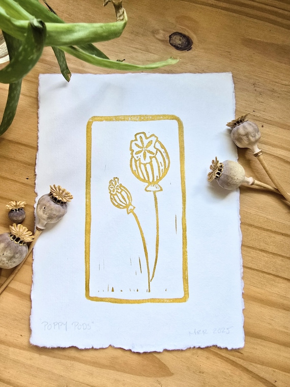 Original Poppy Pods Flowers Floral Print Hand Carved Linocut Linoprint - Folk Art Wall Home Decor Unique Carved Minimalist Housewarming Gift