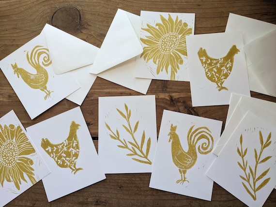 Set of 8 Handmade Cards - Print Linocut Linoprint - Folk Art Wall Home Decor Unique Carved Minimalist Housewarming Gift Greeting Cards