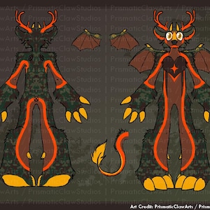 May include: Digital artwork of a creature with deer-like features, antlers, and bat wings. The character has a brown and green body with orange accents and yellow claws. The art style is cartoonish.
