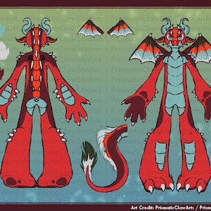 May include: Illustration of a red dragon with blue accents, horns, and wings. The dragon is depicted in two poses, showcasing its front and back views. The artwork includes a color palette and the artist's credit.