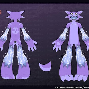 May include: A purple character design with a cat-like head, lightning bolt accents, and heart-shaped details on the hands. The design includes a tail and a colour palette of purple, white, and blue.