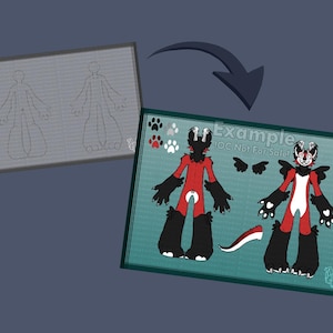 May include: A digital illustration of a furry character design, featuring a red and black color scheme. The design includes a full body view and additional elements like paw prints and wings. Text on the image reads "Example" and "OC Not For Sale!"