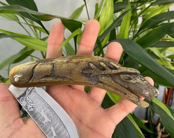 Rare Antique Style Hand-Carved Ibex Horn Folding Knife, 10" Hand-Engraved Wildlife Pocket Knife, Luxury Collectible Art, Unique Gift for Him