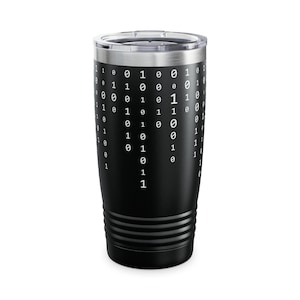 May include: A black stainless steel tumbler with a white design of a repeating pattern of 0s and 1s. The tumbler has a silver lid and a black base.