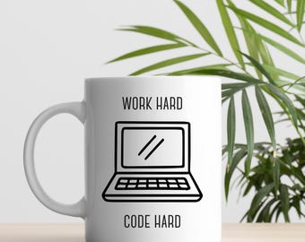 Work Hard Code Hard マグカップ 11オンス | ソフトウェア開発ユーモア、コーディングマグ、開発者マグ、テクノロジーユーモア、エンジニアギフト、テクノロジーギフト