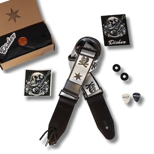 Skull and Star, Stamp Act Skull Guitar Strap (Seatbelt-Nylon/Cowhide Leather) Patriotic, Revolution