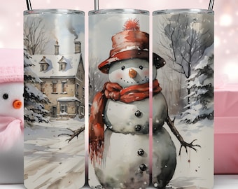 Snowman Sublimation Tumbler Wrap Christmas Snowman Design Watercolor Holiday Skinny Tumbler PNG Digital File 20oz Winter Snow Tumbler Wrap
