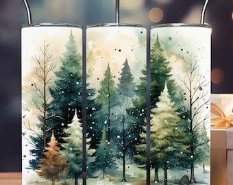 Christmas Tree Tumbler Design Watercolor Pine Trees Sublimation Tumbler Wrap Winter Forest PNG Digital File 20oz Holiday Tumbler Wrap PNG