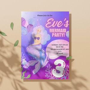 Fête d’anniversaire de sirène sous la mer Ariel Invitation magique numérique personnalisable modifiable inviter 2e 3e 4e 5e 6e 7e