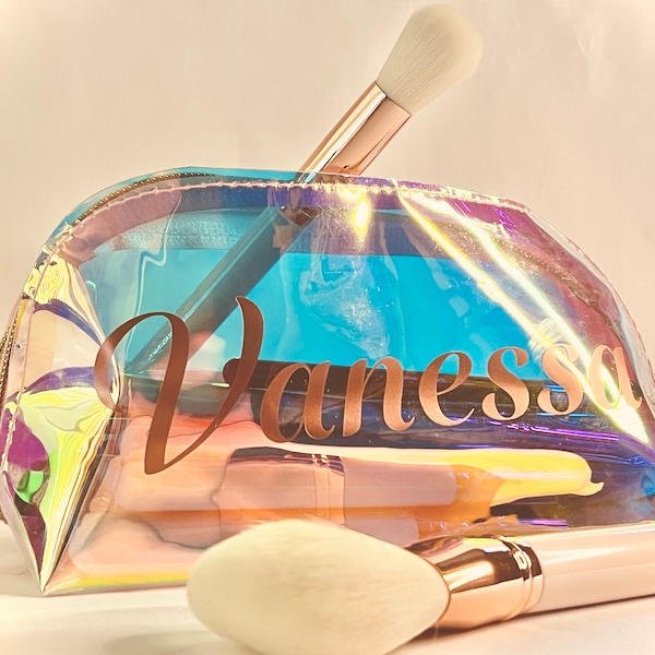 Personalized Holographic Makeup Bag, Personalized Pencil Pouch, Customized Toiletry Bag, Personalized Makeup Brushes Bag, Makeup Bag