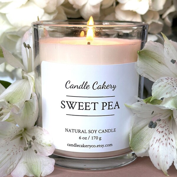 Sweet Pea Scented Floral Candle, Unique Custom Gift, High Quality Natural Soy Wax, Spring & Summer Fragrance, Handmade in USA, Sustainable