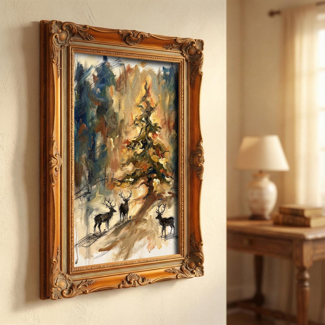 Vintage Christmas Deer Print - Rustic Winter Forest Oil Painting ...