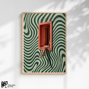 Pode incluir: Impressão artística emoldurada com uma janela vermelha sobre um padrão ondulado verde e preto. Uma pessoa está sentada na janela com uma taça de vinho. A impressão é de fukuoka prints.