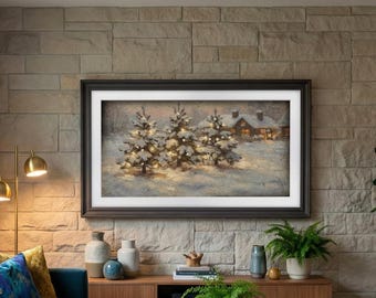 Könnte beinhalten: Gerahmtes Winterlandschaftsbild mit schneebedeckten Tannen mit Lichterketten und einem gemütlichen Haus im Hintergrund. Das Kunstwerk wird an einer strukturierten Steinmauer präsentiert und schafft eine warme, einladende Atmosphäre.