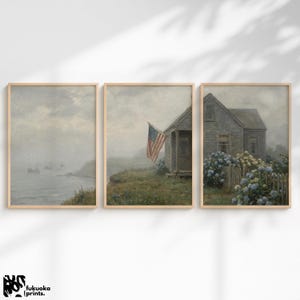 Triptych Print Set: Patriotic Seaside Cottage Hydrangea Wall Art, Patriotic Home Decor (Printable Downloadable)
