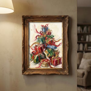 May include: A framed painting of a stack of wrapped gifts in red, green, blue, and gold. The gifts are tied with ribbons and bows. The painting is in a gold ornate frame, and the background is a neutral color.