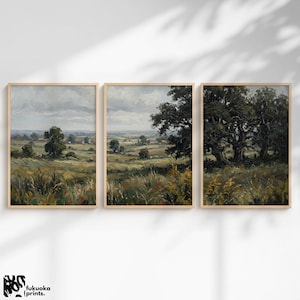 May include: Set of three framed landscape prints. Each print features a pastoral scene with fields, trees, and a cloudy sky. The artwork is in muted tones of green, brown, and gray, with a natural wood frame.
