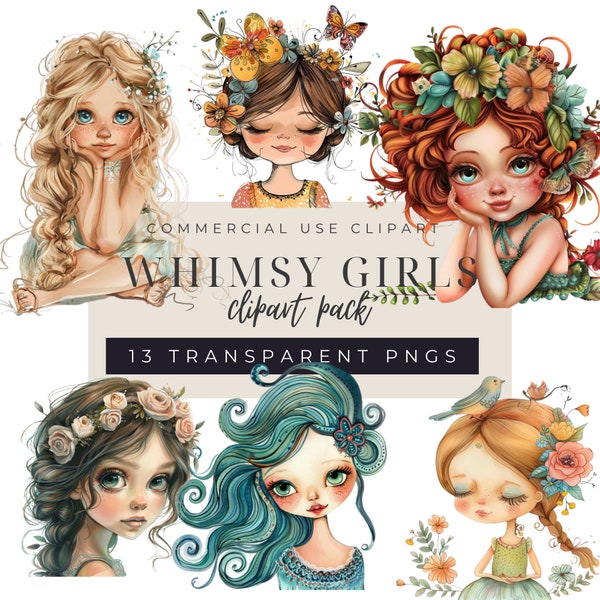 Whimsy Girl Clipart, Transparent PNG, Cute Whimsical Girl with floral Clipart, Junk Journal Whimsical Girl PNG