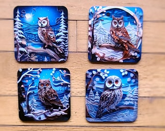 set of 4 owl coasters on hardboard with cork backing.
