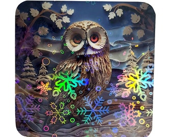 holographic owl coaster, square holographic owl coaster, hardboard coaster with owl