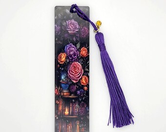 magic book shelf bookmark with tassel and charm. Purple tassel and charm bookmark, flowers shelf bookmark