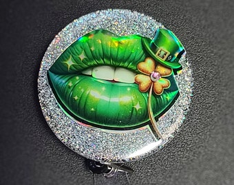 Glitter holiday retractable badge reel. Holographic design, Saint Patricks day badge clip