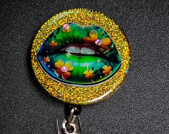 Glitter holiday retractable badge reel. Holographic design, Saint Patricks day badge clip