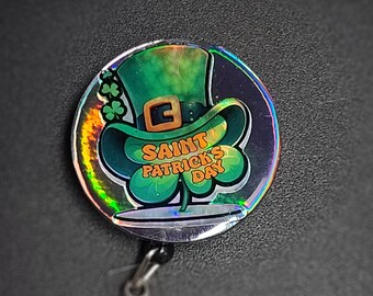 Resin holiday retractable badge reel. Holographic design, Saint Patricks day badge clip, lucky, clover