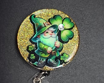 Glitter holiday retractable badge reel. Holographic design, Saint Patricks day badge clip, gnome badge reel