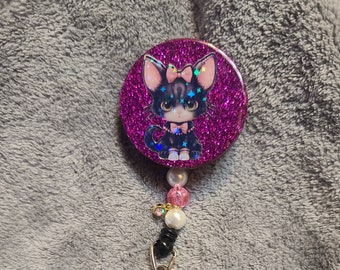 Sparkle holographic cat badge reel, badge reel with beads, gem, and charm, Purple glitter resin badge reel, Cute cat badge reel
