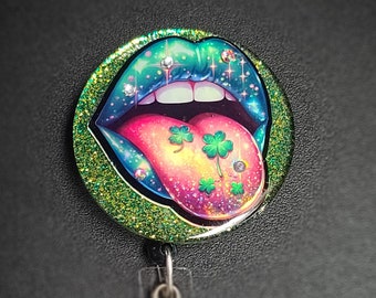 Glitter holiday retractable badge reel. Holographic design, Saint Patricks day badge clip