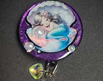 Glitter mermaid retractable badge reel. Holographic design, badge clip, sleeping mermaid