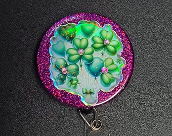 Glitter holiday retractable badge reel. Holographic design, Saint Patricks day badge clip