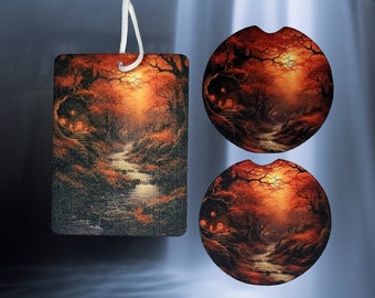 car air freshener with matching coaster set. Colorful fall scene scented with warm apple pie scent.