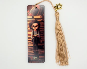 bookmark for book, bookmark with tassel and charm, bookmark with girl with glasses