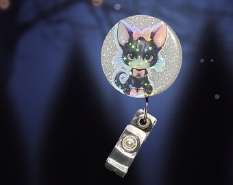 Cute holographic cat with retractable badge reel, Glitter cat badge reel, glitter cat name badge holder,  badge reel with lots of sparkle
