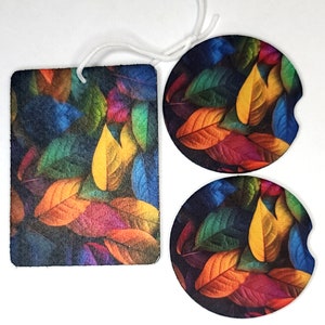 Colorful leaf air freshener and coaster set, Automotive air freshener scented with vanilla and coaster set, gift set