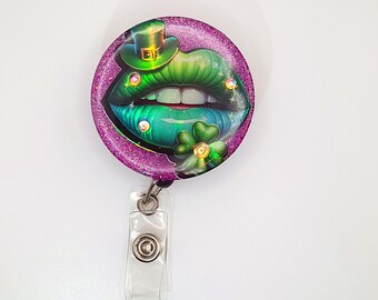 Glitter holiday retractable badge reel. Holographic design, Saint Patricks day badge clip