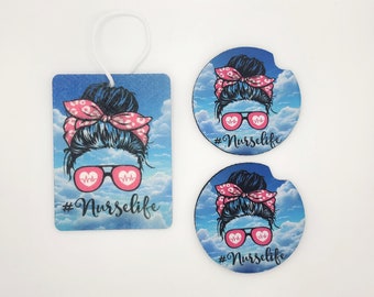 Nurse life air freshener (unscented)  and coaster set. Nurse life car gift set
