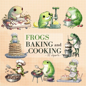 Ranas cocinando, horneando, 32 imágenes prediseñadas de acuarela, ranas lindas, alta calidad, transparente, uso comercial