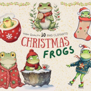 Weihnachtsfrösche, 30 Aquarell Clipart, süße Frösche, hohe Qualität, transparent, kommerzielle Nutzung