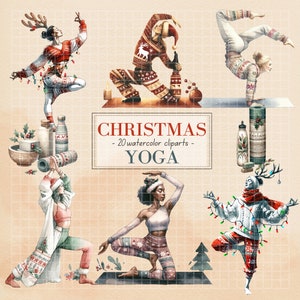 Weihnachts Yoga, 20 Aquarell Clipart, Yoga Posen, Transparent, Kommerzielle Nutzung