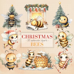 Weihnachtsbienen, 30 Aquarell Clipart, süße Bienen, hohe Qualität, transparent, kommerzielle Nutzung