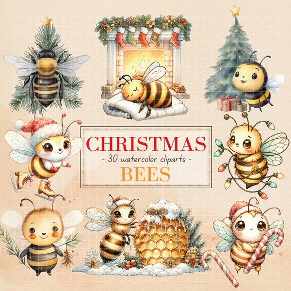 Christmas Bees, 30 Watercolor Clipart, Cute Bees, High Quality, Transparent, Commercial Use