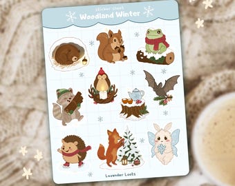 Cartela de adesivos de inverno na floresta | Adesivos para planner com animais da floresta em estilo cottagecore